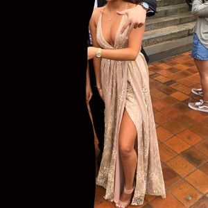 Rose Gold Strappy Open-Back Maxi Dress w/ Slit